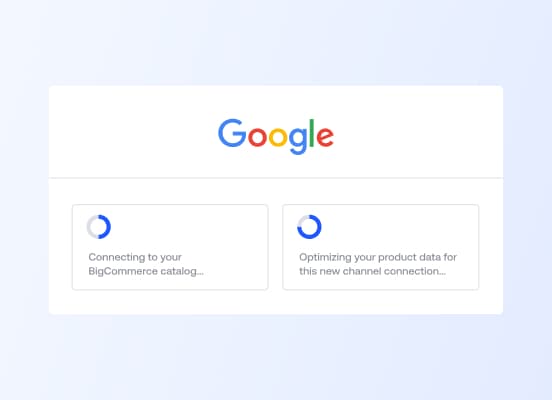 Ett användargränssnitt som visar två laddningsskärmar för anslutning till en BigCommerce-katalog och optimering av produktdata för Google.