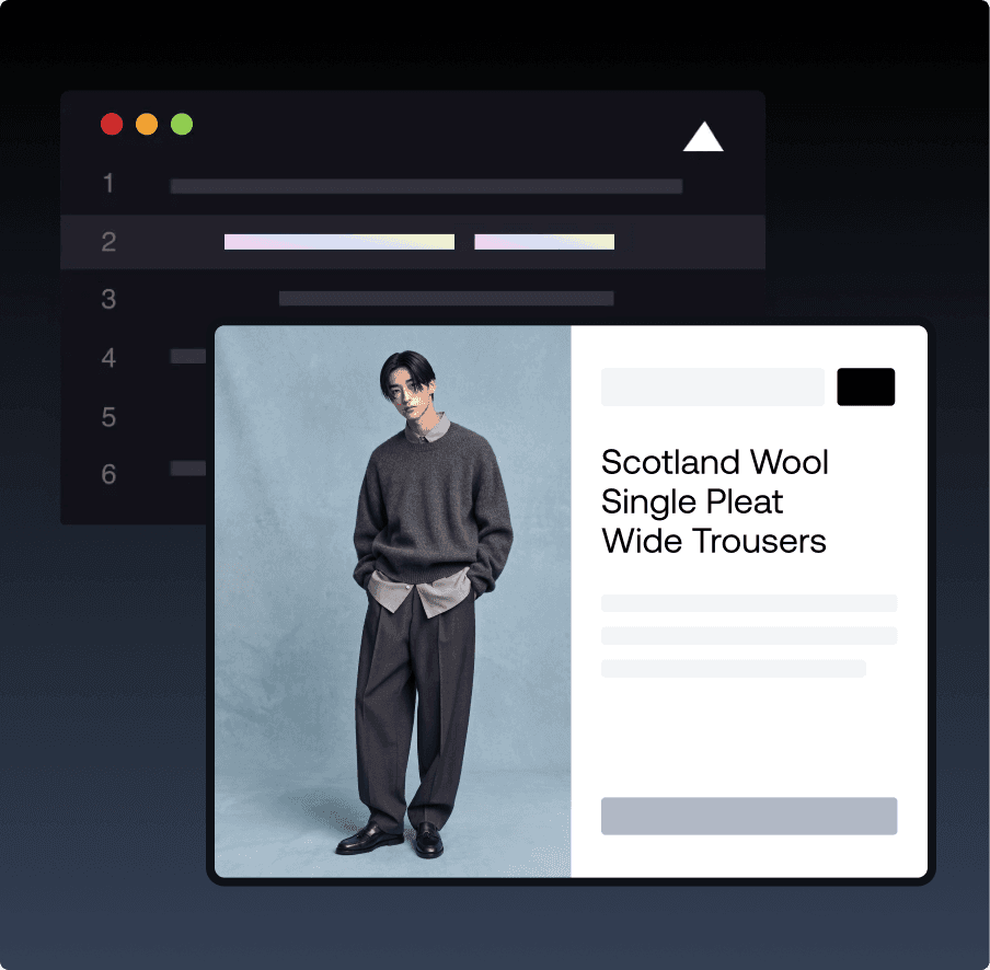Webbgränssnitt för e-handel för kläder som visar produktkort för Scotland Wool Wide Trousers med kodelement i bakgrunden
