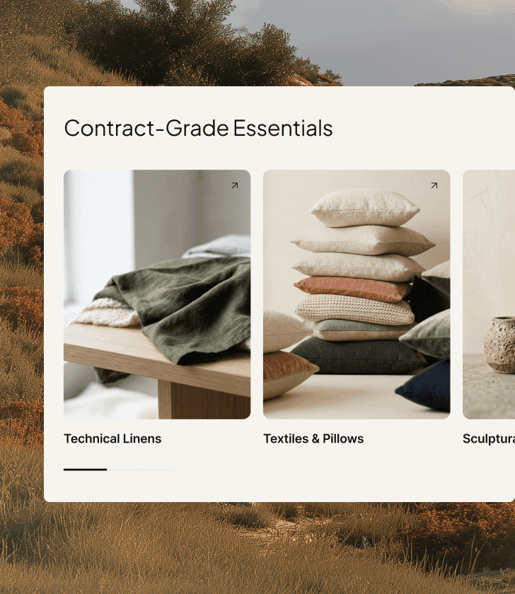 Kategorilayout för Contract-Grade Essentials som visar kort för tekniska linne- och textilprodukter samt kuddar.