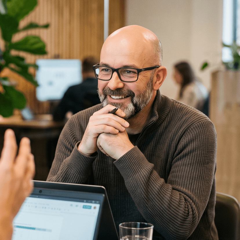 Leende man med glasögon och skägg som lutad framåt deltar i en diskussion på ett modernt kontor med en kollega.
