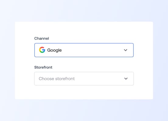 Ett användargränssnitt som visar en rullgardinsmeny för att välja en e-handelkanal, med Google valt.