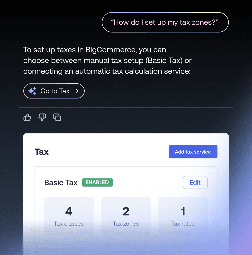 Skärmbild av chatt för BigCommerce-momsinställningar som visar grundläggande momskonfiguration med momsklasser och -zoner