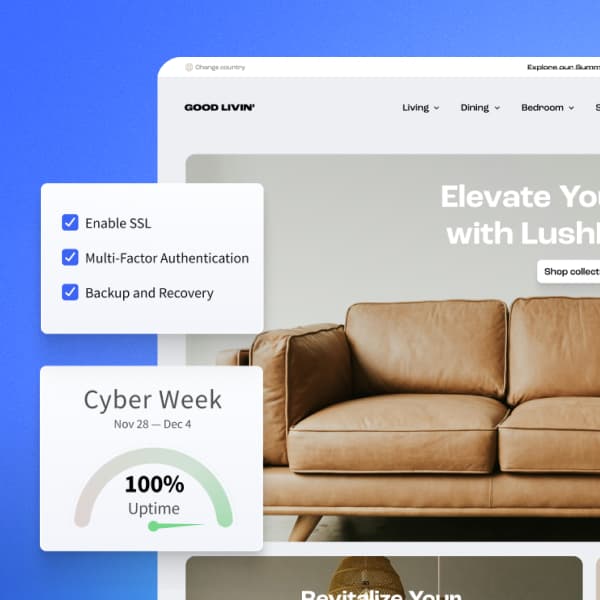En skärmdump som visar en soffa med textelement som ”GOOD LIVIN”, ”Living”. ”Matsal v Sovrum w”, ”Lyfta upp Yo”, och diverse fraser relaterade till teknik och försäljning, inklusive ”Aktivera SSL”, ”Multifaktorautentisering” och ”Cyber Week”. Skärmen innehåller en dekorativ blandning av teckensnitt och layouter.